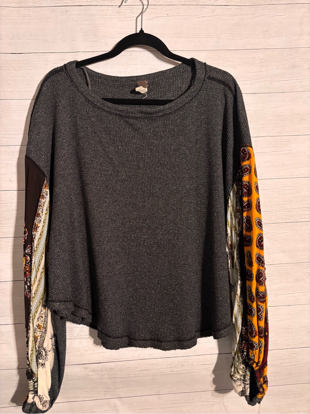 Free People Charcoal Knit Pullover with Patterned Balloon Sleeves